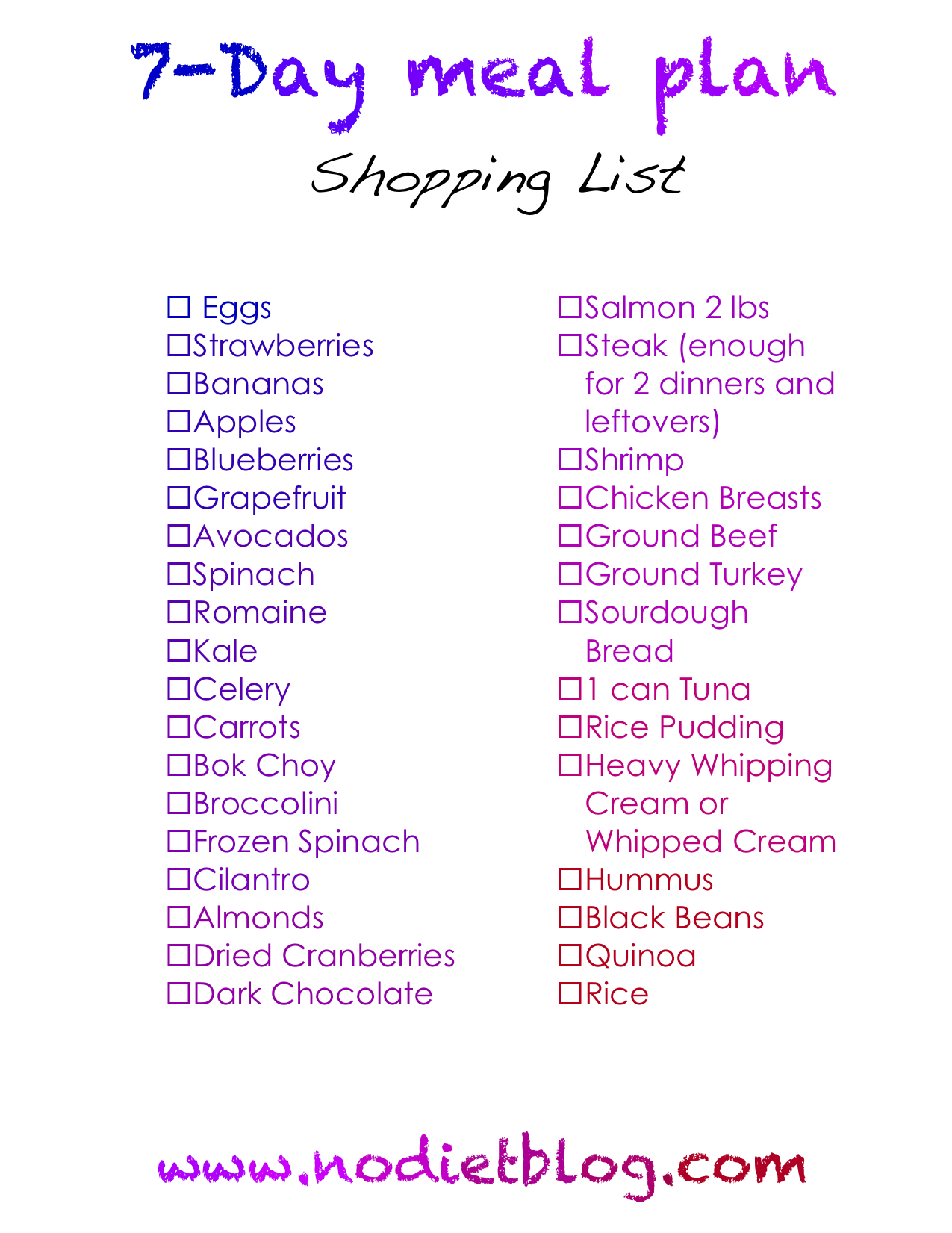 7 day meal plan to lose weight with shopping list
